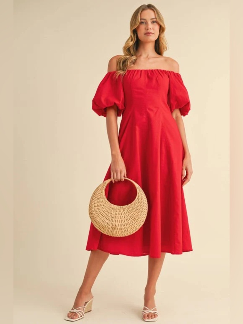 NWT Klesis True Love’s Kiss Off Shoulder Midi Dress Red Linen